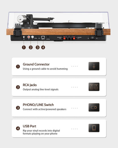 HiFi Platenspeler met Luidsprekers – Draaitafel – Vinylspeler – LP Speler – All-In-One Platenspeler – Bluetooth Streaming – USB Digitalisering