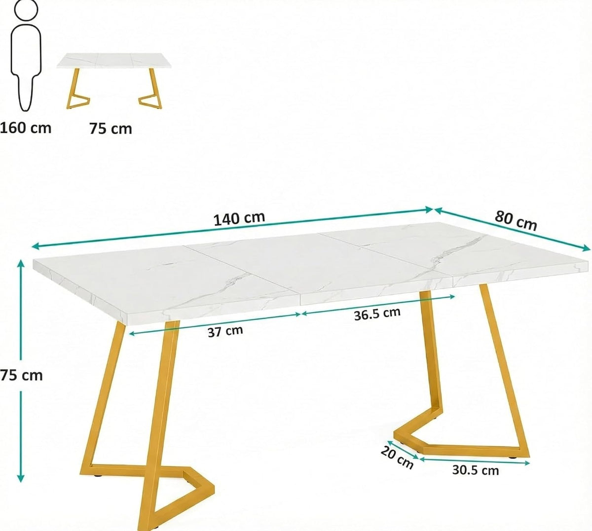 Ovale Eettafel – Ronde Tafel – Marmeren Eettafel – Witte Eettafel – 6 Persoons Tafel – 140x80x75 cm – Wit Met Gouden Accenten – Met Stevig Metalen Onderstel