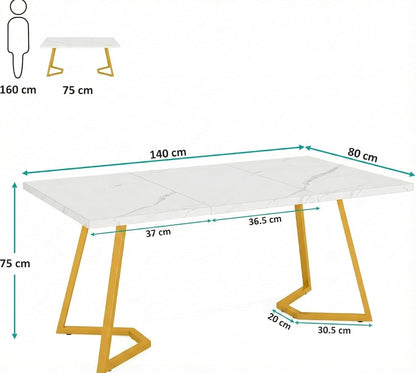 Lailang 140cm Eettafel, Oval Dining Table, Eetkamertafel Marmer, Eettafel 6 Personen, White Dining Table, 140 x 80 x 75 cm, White Gold