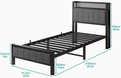 Bedframe met laadstation, eenpersoonsbed, metalen bed, gestoffeerd bed, 90 x 200 cm, bedframe van metaal, jeugdbed met lattenbodem, hoofdeinde in grijs, voor slaapkamer en logeerkamer