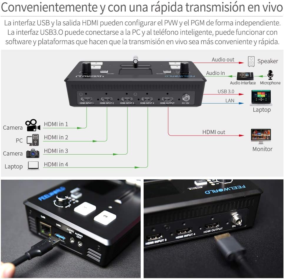 Feelworld LIVEPRO L1 V1 Multi Camera Video Mixer Switcher 4 x HDMI Inputs 2 Inch LCD Display USB 3.0 Camera Production Real Time Live Streaming Lightweight Heat Dissipation - QUORE