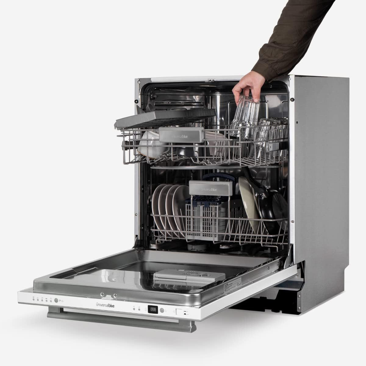 UNIVERSALBLUE White glass dishwasher, semi-black, 60 cm, 5 washing programs, 12 services