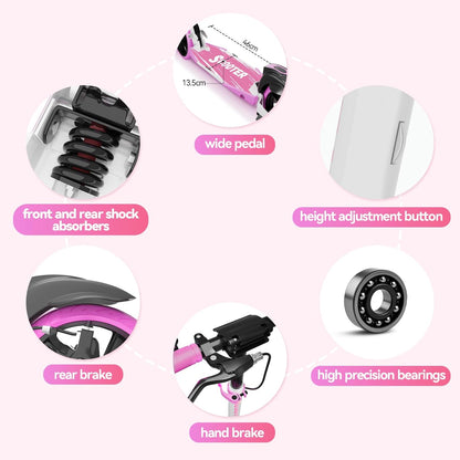 MEEGOO H007D Scooter met schijfrem en dubbele schokdempers, 200 mm PU-wielen ABEC-7 lagers, opvouwbare scooter voor volwassenen 18+, antislip deck - roze/wit/blauw
