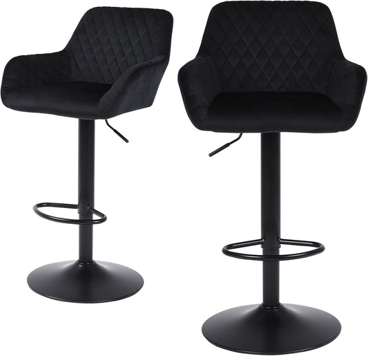 ralex-chair Barkruk, set van 2, in hoogte verstelbare draaibare barkruk van fluweel, ontbijt-eetkruk met rugleuning en armleuning voor bar, toonbank en keuken, zwart