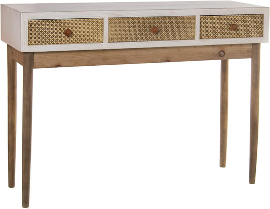 DRW Ingangtafel met 3 schuifladen van hout en wit en natuur, 107 x 35 x 81 cm