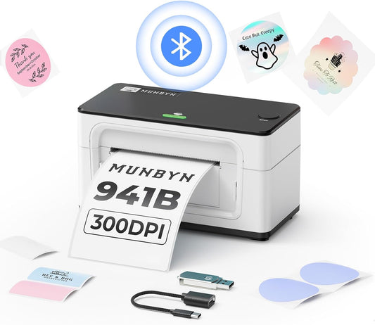 MUNBYN 941 300 DPI Bluetooth thermische printer 4 x 6, zonder inkt en zelfklevend, afdruksnelheid 150 mm/s, USB/Bluetooth-verbinding, compatibel met Colissimo, UPS, Amazon, Ebay, Shopify