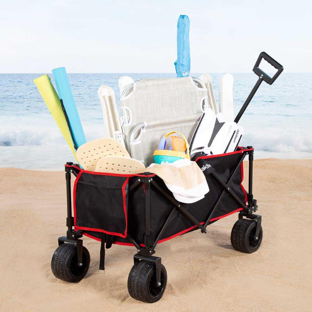 AKTIVE Strandtafelwagen, voor het transporteren van strand-, tuin- of campingaccessoires, zwart, 100 kg, stabiele 360° zwenkwielen met rem, meerhoekgreep, tas, afdekkingen, stoelframe (62373)