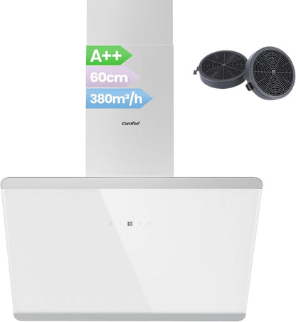 COMFEE CH60J64ET4A2W A++ afzuigkap 60 cm, afzuigkap 60 cm convectie en afvoerlucht, 380 m³/h luchtstroom, roestvrij staal/glazen design met touchscreen, led, afzuigkap incl. koolstoffilter, wit