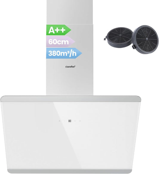 COMFEE CH60J64ET4A2W A++ afzuigkap 60 cm, afzuigkap 60 cm convectie en afvoerlucht, 380 m³/h luchtstroom, roestvrij staal/glazen design met touchscreen, led, afzuigkap incl. koolstoffilter, wit
