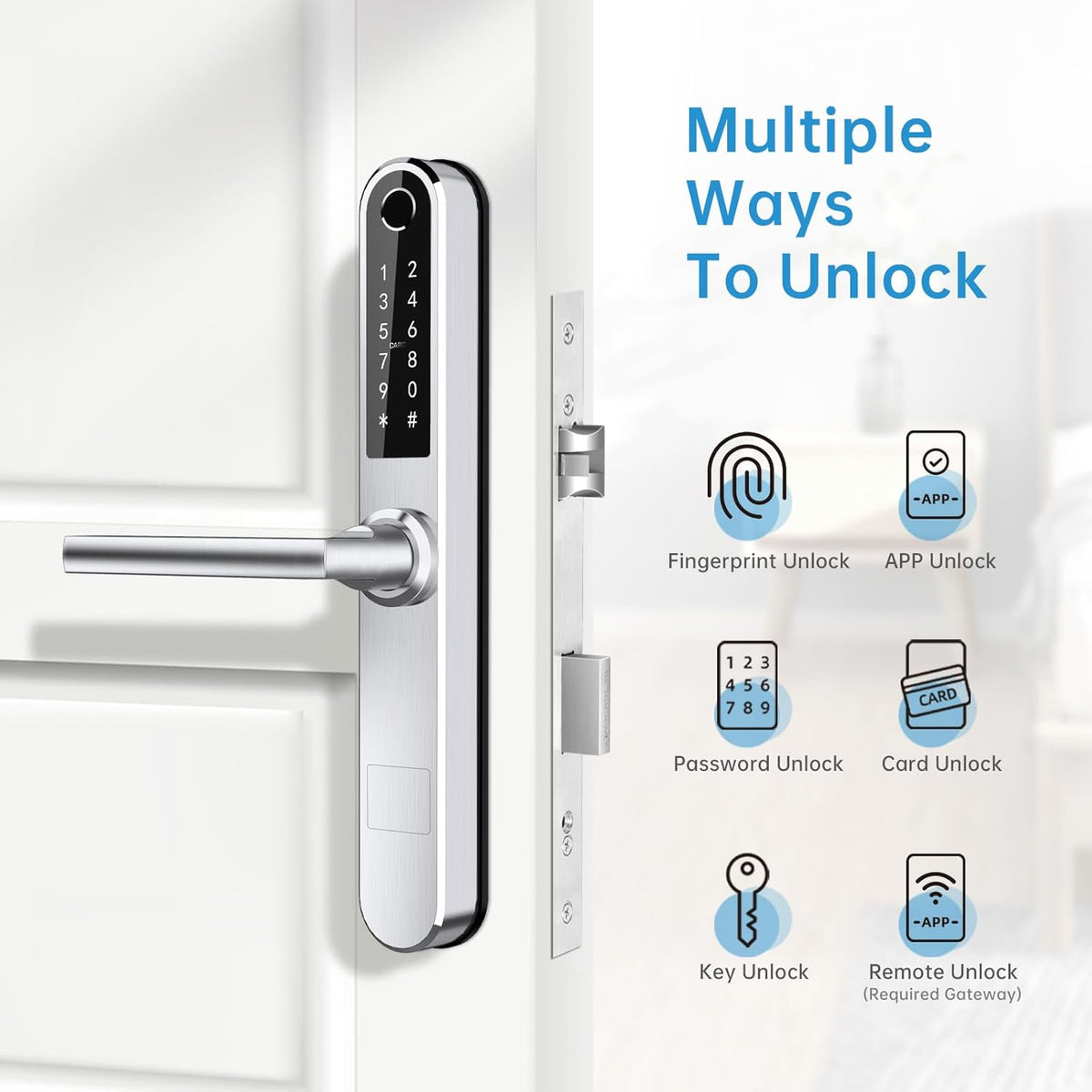 Slanke Vingerafdruk Bluetooth Smart Deurslot met Touchscreen, Vingerafdruk Toetsenbord Kaartsleutels Unlock voor Aluminium Swing Deur (Zilver)