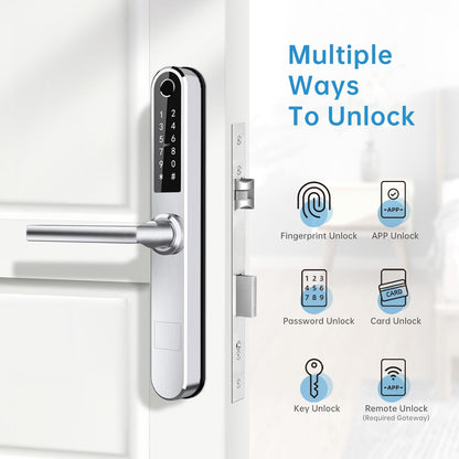 Slanke Vingerafdruk Bluetooth Smart Deurslot met Touchscreen, Vingerafdruk Toetsenbord Kaartsleutels Unlock voor Aluminium Swing Deur (Zilver)