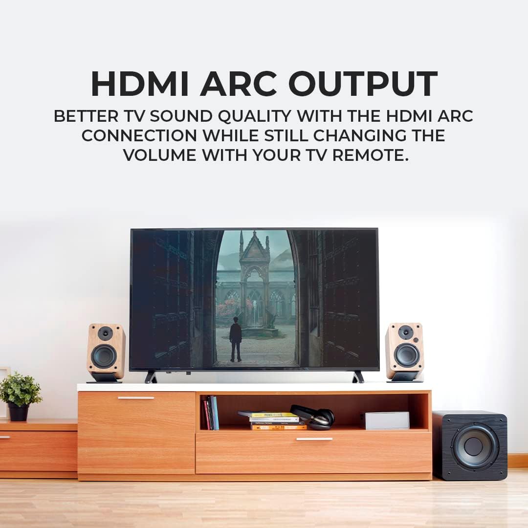 VULKKANO A4 ARC Luidspreker met 10,2 cm (4 inch), Bluetooth 5.0, HDMI ARC, optisch, RCA, USB, met subwoofer-uitgang, studiomonitoren met elegant design, zwart