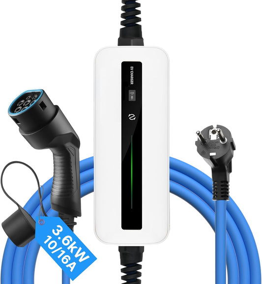 Type 2 EV-oplader, Modus 2 10/16A Oplaadkabel elektrische auto met Schuko-stekker voor IEC 62196-2 standaard Electrisch voertuig (6m kabel, 220-240V, Max 3.6kW)