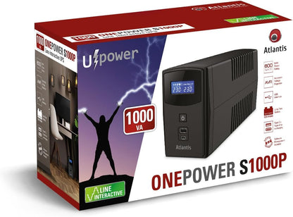 Atlantis A03-S1000P Ononderbroken stroomvoorziening, pseudosinusgolf, 1000 VA, 600 W, Line Interactive, LCD-display, Dual Front USB-poort, 2 Schuko-uitgangen, geïntegreerde Alim-kabel, USB, 1 accu 12