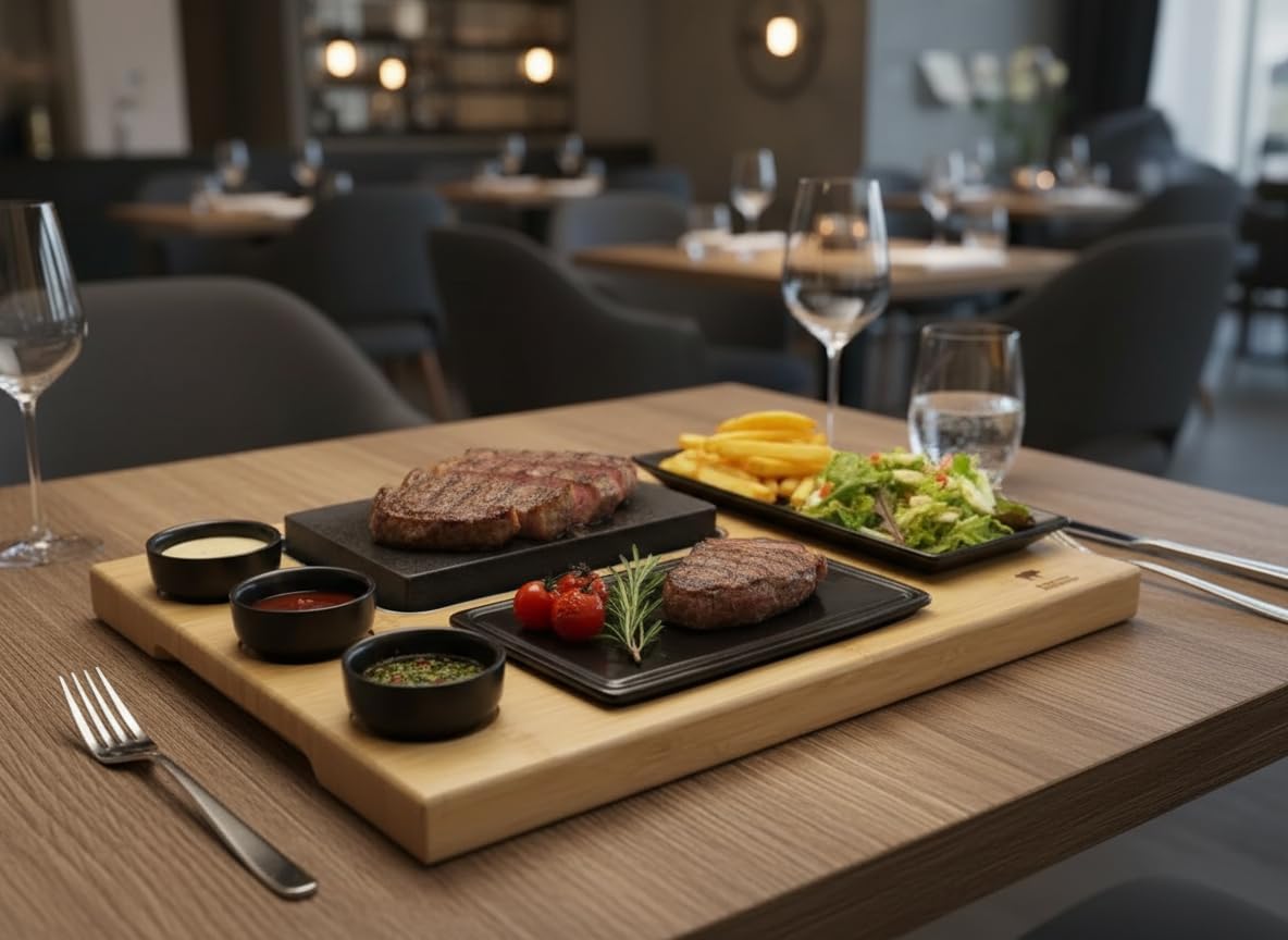 Hot Stone Steakbord – Lavasteen Steakbord – Hot Stone Steengrill Set – Hete Steen Grillplaat – Tafelgrill – 8-Delig Met 3 Dipschalen En Extra Plaat – Hete Lavasteen Tot Boven 300 °C