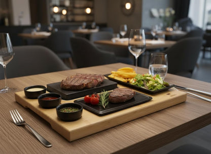 Hot Stone Steakbord – Lavasteen Steakbord – Hot Stone Steengrill Set – Hete Steen Grillplaat – Tafelgrill – 8-Delig Met 3 Dipschalen En Extra Plaat – Hete Lavasteen Tot Boven 300 °C