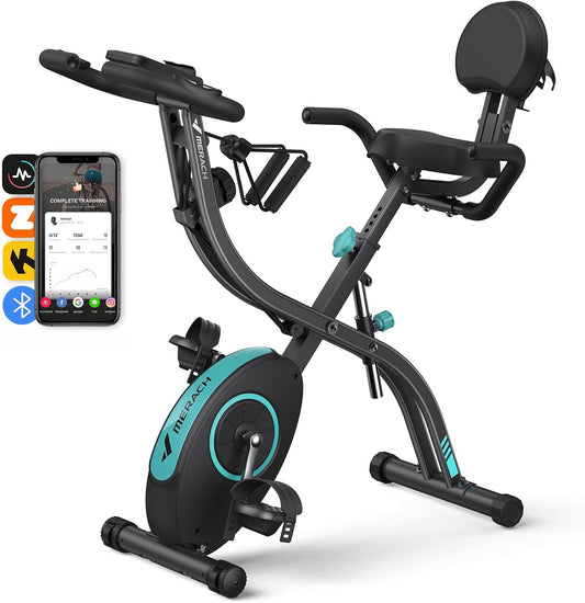 MERACH 4-in-1 hometrainer, fiets, inklapbaar, met lcd-monitor en hartslagmeting, magnetische ergometer, hometrainer met comfortabel zitkussen, fitnessfietsen voor thuis, ruimtebesparend