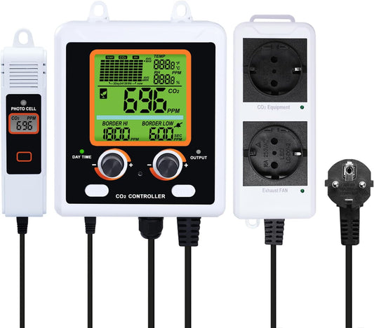 CO2 Controller With Dual Outlets for Grow Room, Automatic Control Between Regulators and Ventilators, NDIR Sensor Monitor With Large Display Graph, Temperature