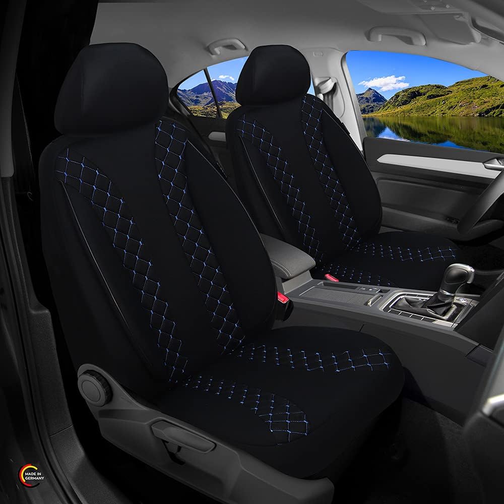 BREMER SITZBEZÜGE Autostoelhoezen compatibel met VW Golf 7, bestuurder en passagierset vanaf 2012-2020, autostoelhoezen, set van 2 stuks, in zwart/blauwe naad (N306)
