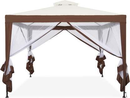 Mondeer Tuinpaviljoen, 3 x 3 m, dubbel dak, paviljoen met 4 muggennetten, zijpanelen voor schaduw en regen, metalen frame, stabiel, beige en bruin