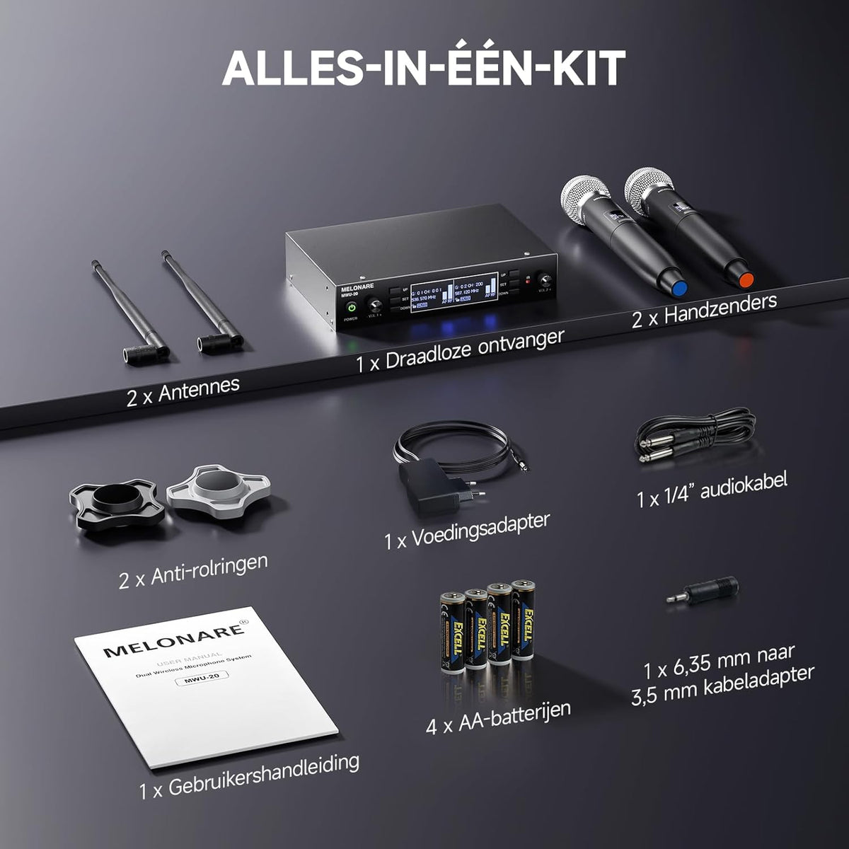 Draadloze microfoonset – Professionele microfoonset – Draadloze microfoon – UHF microfoon – Karaoke microfoon – 2 Handmicrofoons – Auto-Scan en IR-Synchronisatie – Bereik tot 100 meter