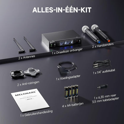 Draadloze microfoonset – Professionele microfoonset – Draadloze microfoon – UHF microfoon – Karaoke microfoon – 2 Handmicrofoons – Auto-Scan en IR-Synchronisatie – Bereik tot 100 meter