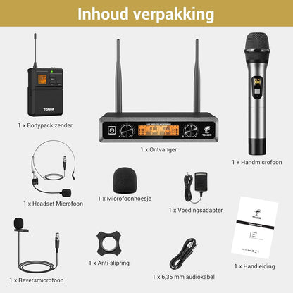 TONOR UHF Draadloze Microfoon Systeem met Metalen Draadloze Handheld/Headset/Lavalier Revers Mics, Bodypack Zender, Ontvanger, 2 * 5 Kanalen 60M Bereik voor Zingen Karaoke Kerk Party DJ PA Speaker