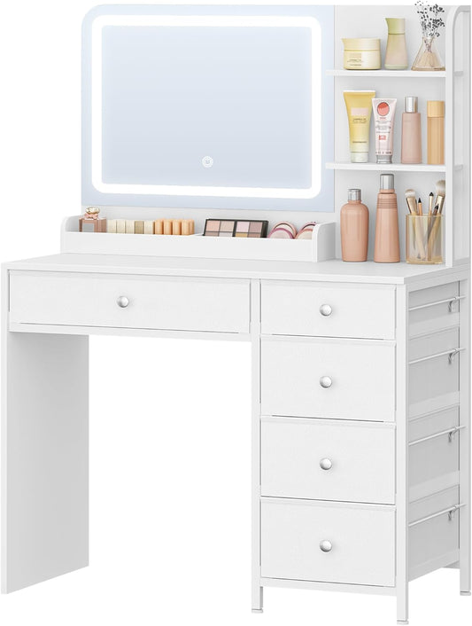 Hzuaneri Dressing Table with LED Lighting, Dressing Table A Large HD Mirror, 5 Drawers and 2 Storage Shelves, Ideal For A Bedroom Or Dressing Room, Modern White DT43903XEU