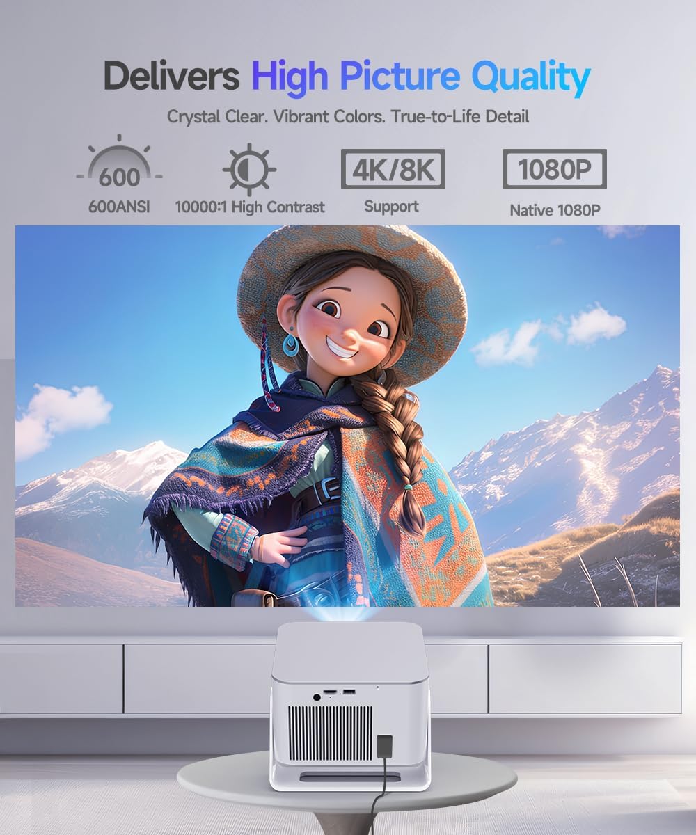 Alwtniet Draagbare beamer, 4K, 8K, Native Full HD, 1080P, mini-projector, Android 14, WiFi 6, Bluetooth 5.4, autofocus, 6D, autofocus, 180°-rotatie, voor thuisbioscoop, smart-tv, zeer korte opname