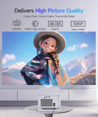 Alwtniet Draagbare beamer, 4K, 8K, Native Full HD, 1080P, mini-projector, Android 14, WiFi 6, Bluetooth 5.4, autofocus, 6D, autofocus, 180°-rotatie, voor thuisbioscoop, smart-tv, zeer korte opname
