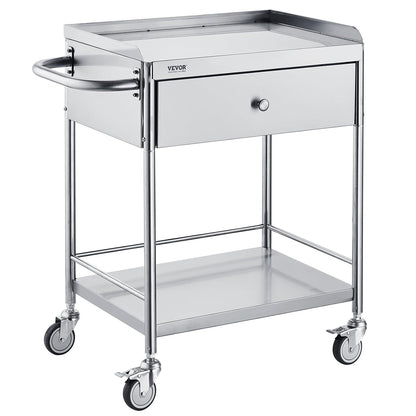 VEVOR 2 Tier Laboratory Cart, Medical Service Car, 71 x 42 x 78.5 cm, Stainless Steel, with Drawer, Load 100 kg, Silent Movement for Clinical Storage, Kitchen, Hotel,