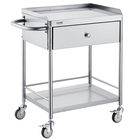 VEVOR 2 Tier Laboratory Cart, Medical Service Car, 71 x 42 x 78.5 cm, Stainless Steel, with Drawer, Load 100 kg, Silent Movement for Clinical Storage, Kitchen, Hotel,