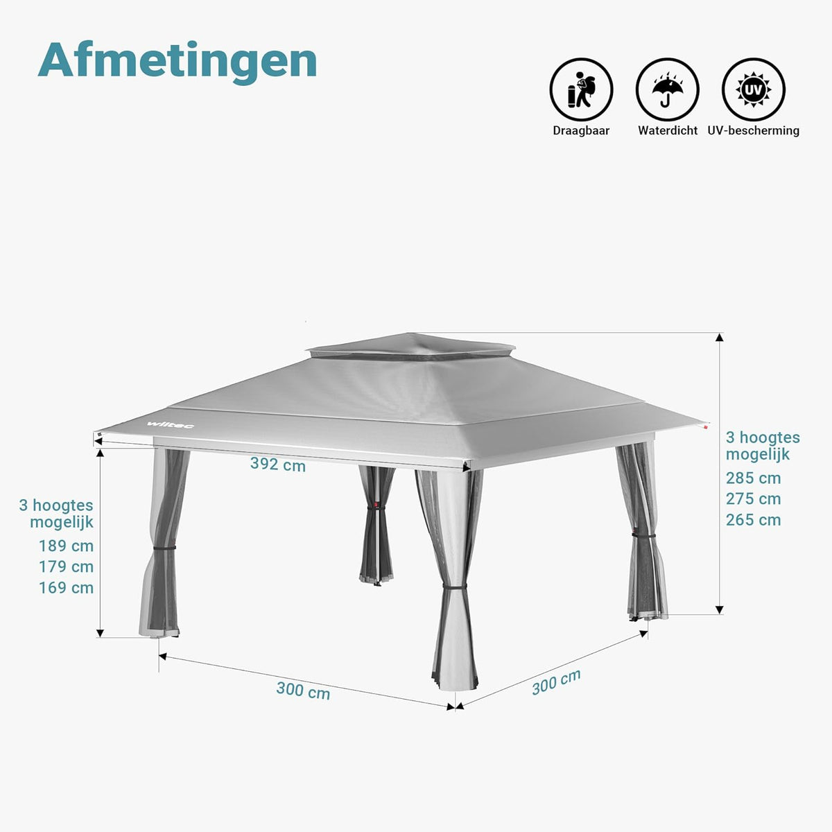 Wiltec opvouwbaar paviljoen partytent met muggennet tuinpaviljoen lichtgrijs 4 x 4 m