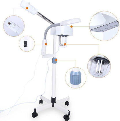 2-in-1 Professionele Vapozone met Gezichtsstoom, 5X Vergrootglas op Standaard, Esthetische Machine voor Schoonheidssalon Gezichtsverzorging