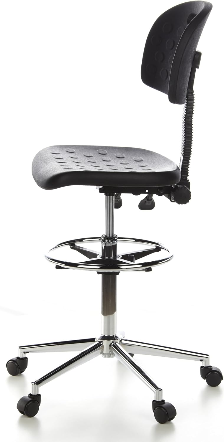 hjh OFFICE TOP Work 23 665060 Werkstoel van hardschuim, zwart/chroom, met rugleuning en wielen, in hoogte verstelbaar