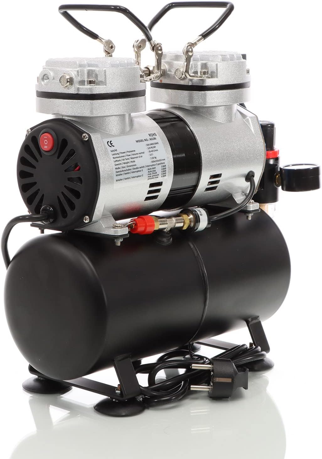 Wiltec airbrush compressor AS196 met luchttank 2-cilinder zuiger 6 bar automatische uitschakelfunctie