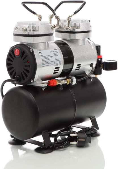 Wiltec airbrush compressor AS196 met luchttank 2-cilinder zuiger 6 bar automatische uitschakelfunctie
