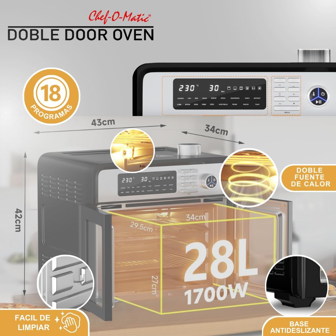 CHEF -O- MATIC Doble Door - dubbele deur friteuse en oven, 28 L,18 programma's, 1700 W, binnengrill, broodrooster, draaispies, voedseldrager, LCD-scherm