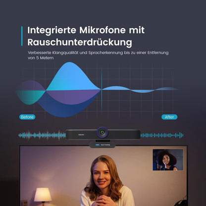 TONGVEO KI Automatische tracking 4K webcam met microfoons en luidsprekers, 5-voudige digitale zoom, ePTZ webcamera met afstandsbediening en twee microfoons, conferentie-webcam voor zoom, Skype, OBS