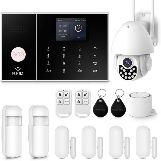 Draadloos huisalarmsysteem met 1080P IP66 waterdichte camera, doe-het-zelf wifi-alarmsysteem voor thuisbeveiliging met app-waarschuwing, bewegingsmelder, deursensoren, sirene, compatibel met Alexa en