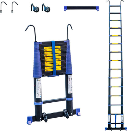 Telescopische ladder, 4,4 m, aluminium, opvouwbaar, uittrekbaar, multifunctioneel, werkhoogte max. 5,3 m, afneembare haken