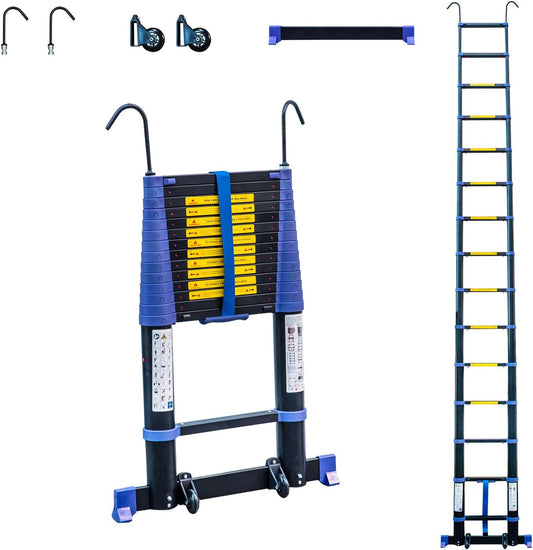 Telescopische ladder, 4,4 m, aluminium, opvouwbaar, uittrekbaar, multifunctioneel, werkhoogte max. 5,3 m, afneembare haken