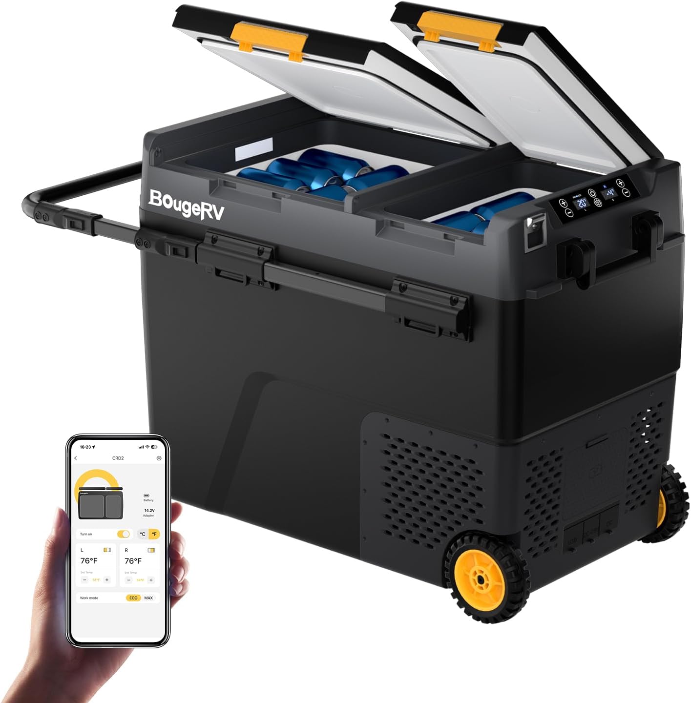 BougeRV CRD2 Compressorkoelbox, 57 liter, met vriesvak, dubbele deur, dubbele zones (verbeterde aluminium handgreep), autokoelbox met wielen, 12 V/24 V, 230 V, campingkoelkast, auto, elektrisch met