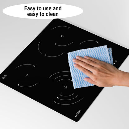 COVERCOOK Keramische kookplaat, ingebouwde 4-zone elektrische kookplaat 60 cm, keramische kookplaat, 6700W, dubbele ovale zone, drievoudige dubbele ringfunctie, timer, veiligheidsslot, geen stekker