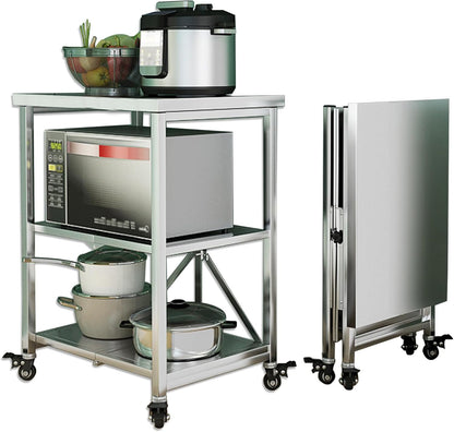 AMSXNOO Serveerwagen roestvrij staal, 3 planken opvouwbare transportwagen opslag rek rek keukentrolley trolley met wielen, multifunctionele trolley voor restaurant hotel school huishoudelijke wagen