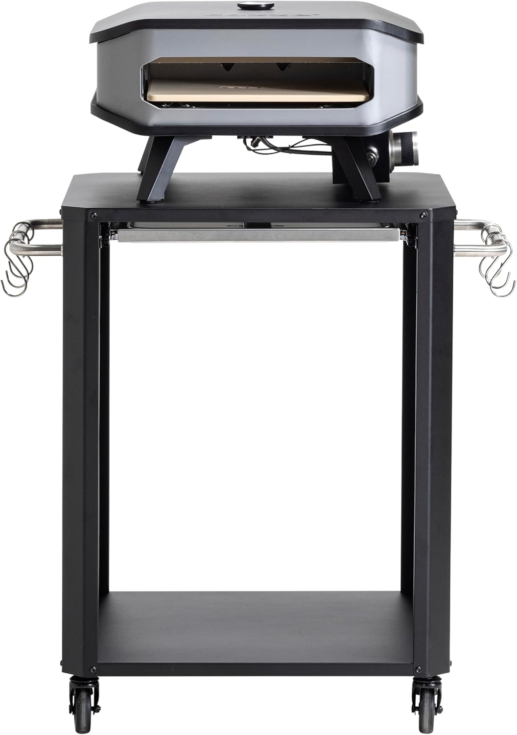 Cozze® | Outdoor table with extendable chopping board | For pizza ovens up to 60 cm | Side handles with 6 stainless steel hooks | Rubber castors Ø75 mm | Gas cylinder space | Black powder-coated - QUORE