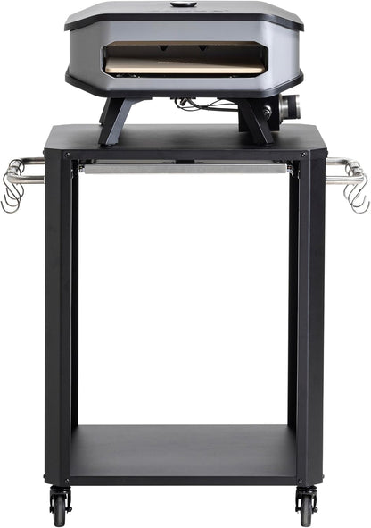 Cozze® | Outdoor table with extendable chopping board | For pizza ovens up to 60 cm | Side handles with 6 stainless steel hooks | Rubber castors Ø75 mm | Gas cylinder space | Black powder-coated - QUORE