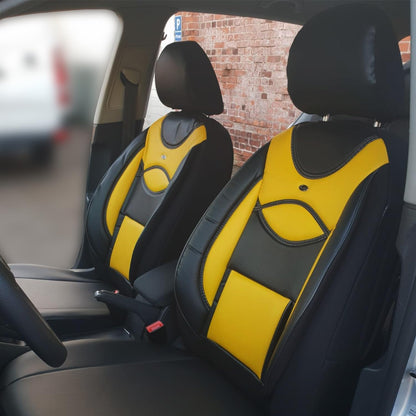 BREMER SITZBEZÜGE Autostoelhoezen van kunstleer, compatibel met VW Golf 4 bestuurders en passagiers vanaf 1997-2006, textielleer, set van 2 autostoelhoezen in zwart/geel (D105)