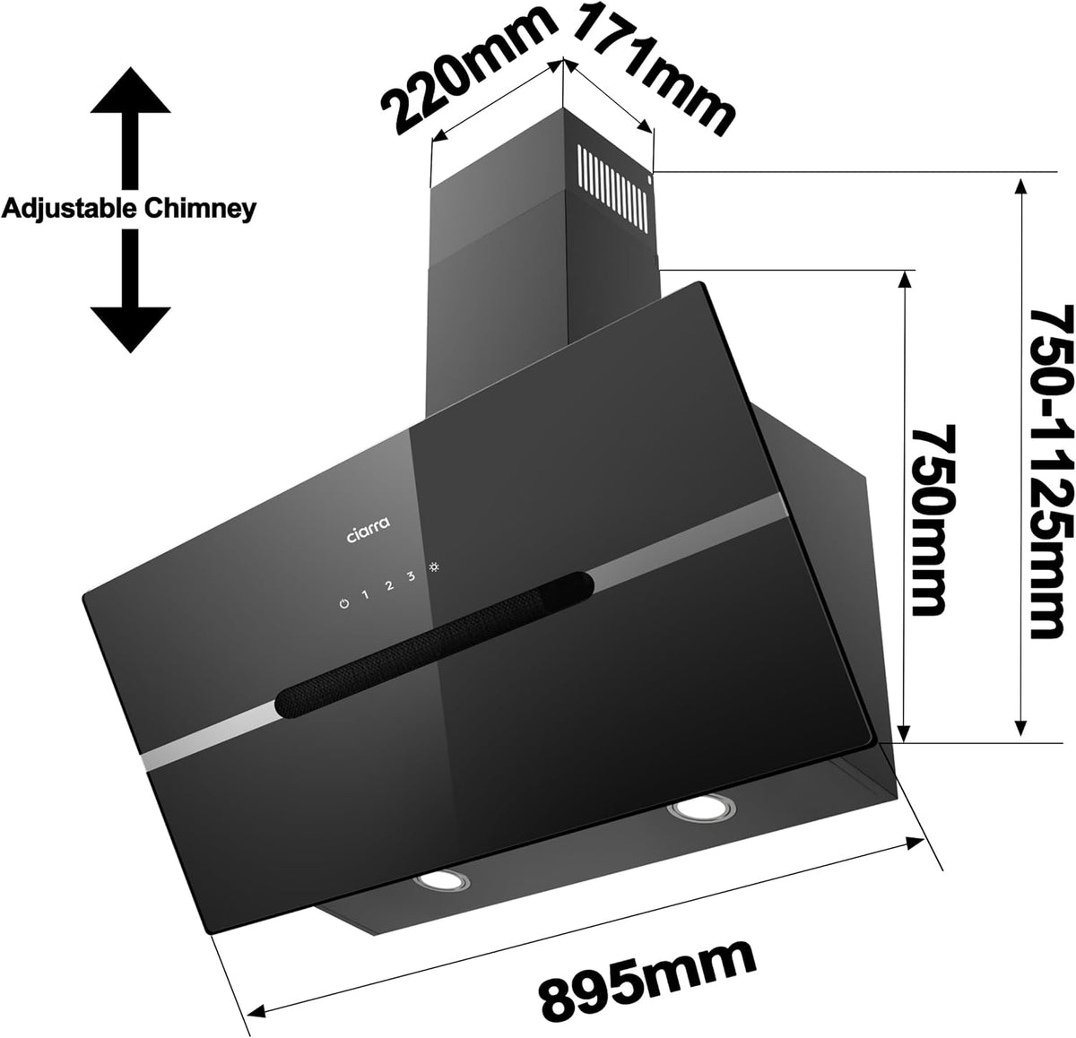 CIARRA CBCB9736F 90cm Schuine Afzuigkap, Recirculatie & Afvoer Wandmontage Schoorsteenkap met Touchbediening, 4 Snelheden, LED-verlichting[Energieklasse A+++]