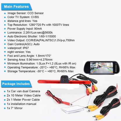 HD Auto IP68 1280Pixels Transporter Remlicht Dak Achteruitrijcamera Achteruitrijcamera met dubbele lens Camera met verstelbare hoek Compatibel met Mercedes Benz Vito/Tourer/Mixto/Panel VanKasten